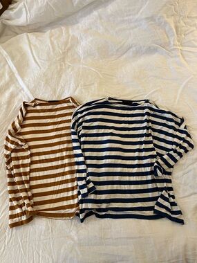 Hatch Set of 2 The Perfect Long Sleeve Tee Blue & White Burnt Orange & White